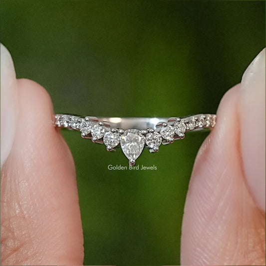 Silver chevron eternity band ring with pear-cut white moissanite stones