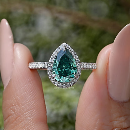 Pear Cut Moissanite Gemstone Accent Halo Ring
