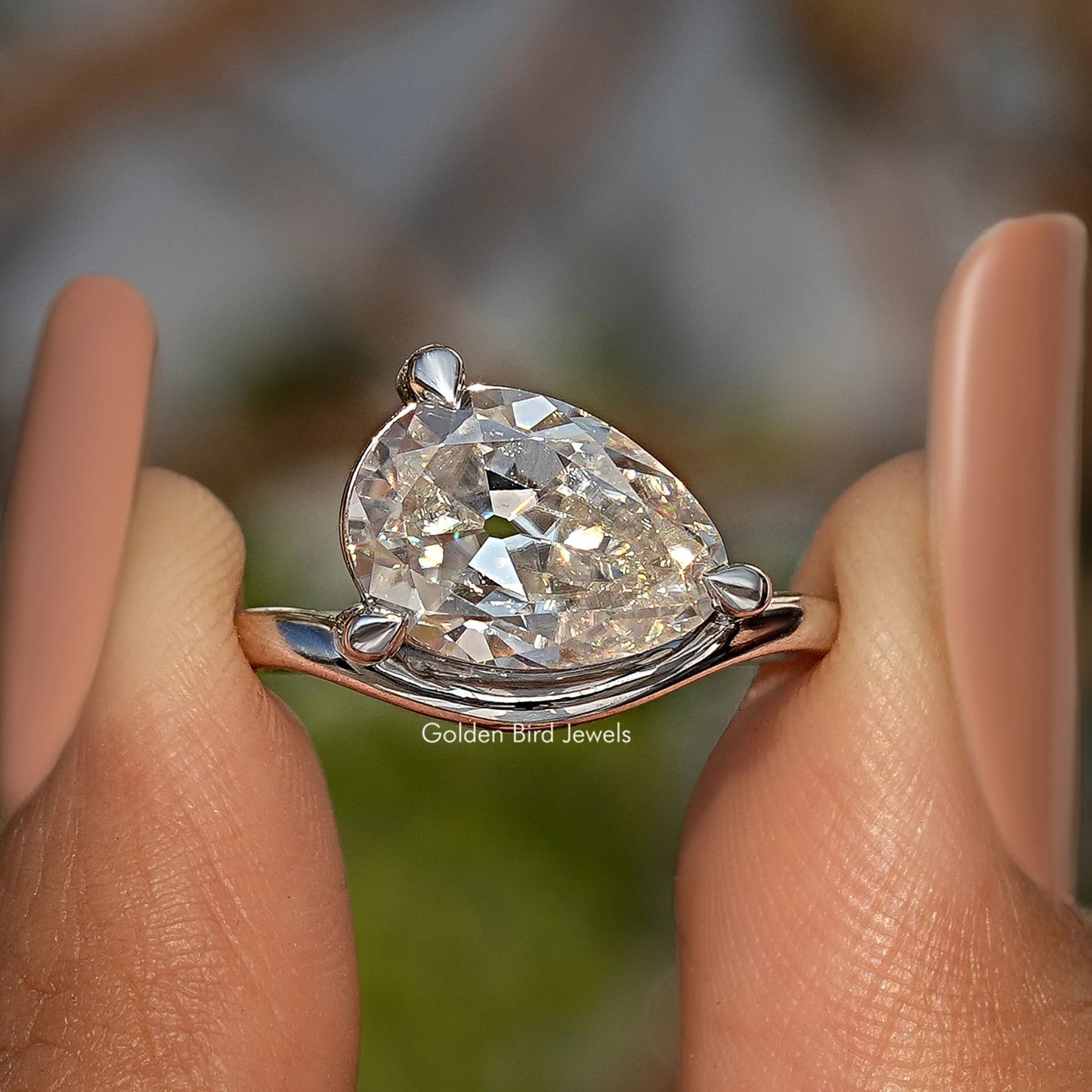 Old Mine Pear Cut Moissanite Carved Solitaire Ring