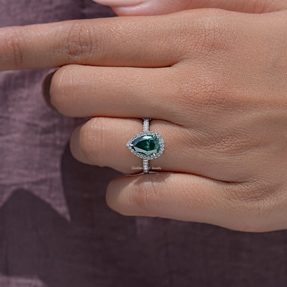 Green Pear Moissanite Gemstone Halo Accent Wedding Ring