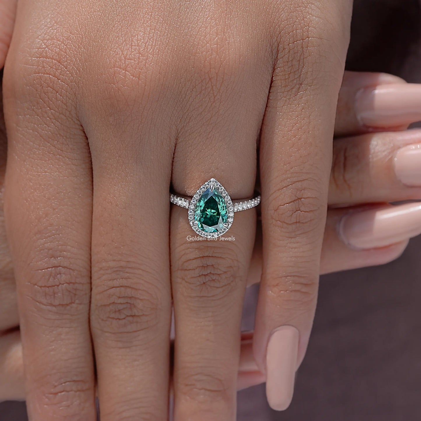 Green Pear Moissanite Gemstone Halo Accent Wedding Ring
