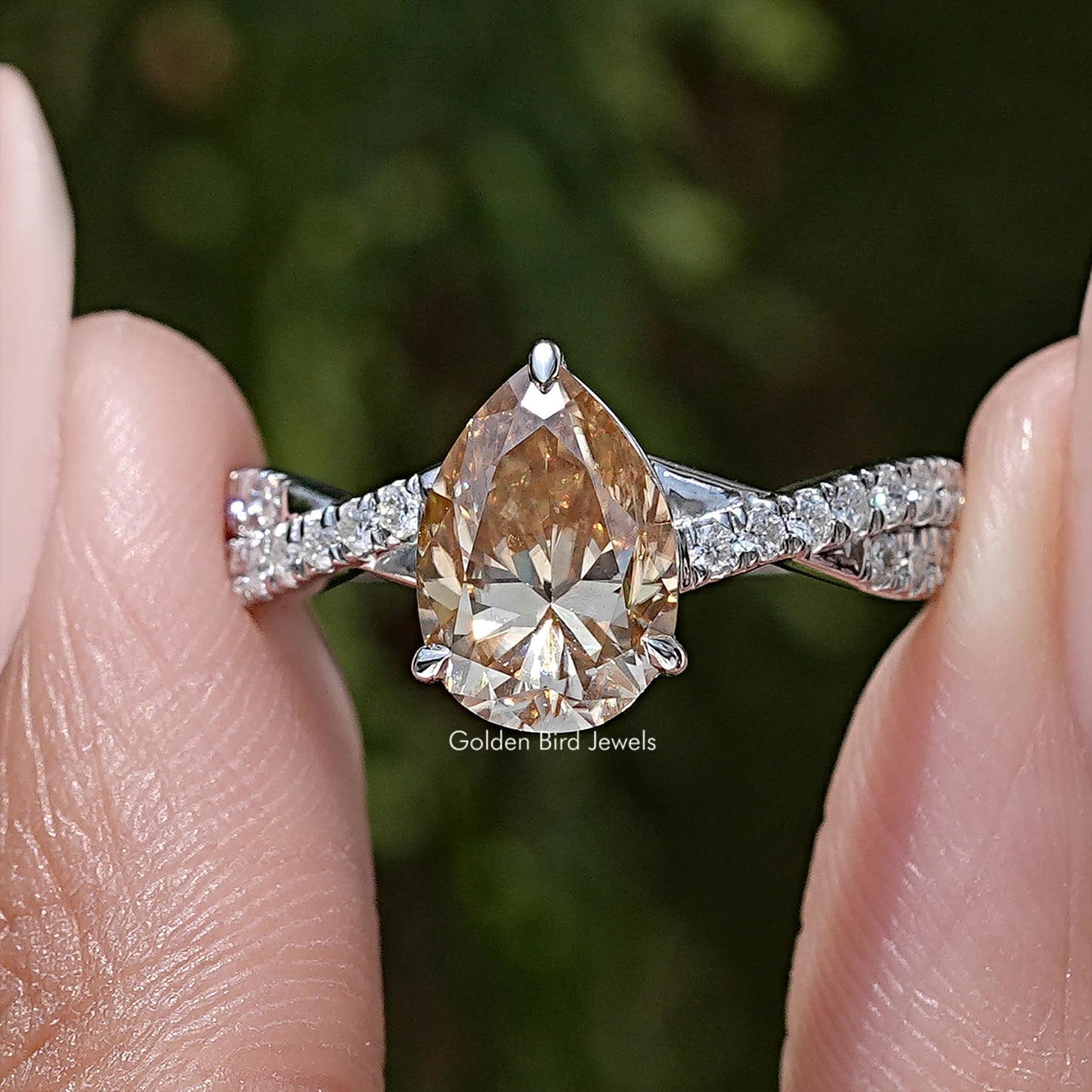 Pear Moissanite Gemstone Twisted Shank Accent Ring