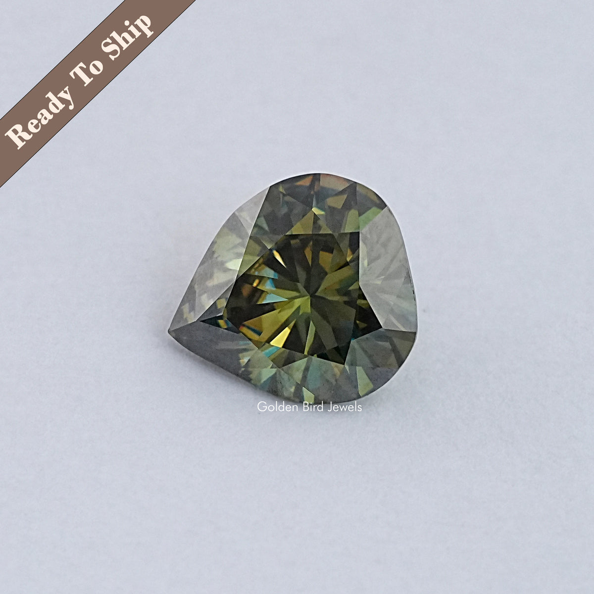 Pear-cut dark green moissanite loose stone with faceted teardrop shape