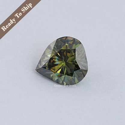 Pear-cut dark green moissanite loose stone with faceted teardrop shape