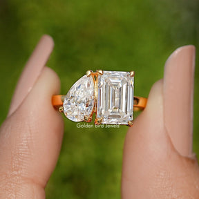 Pear And Emerald Cut Moissanite Two Stone Ring