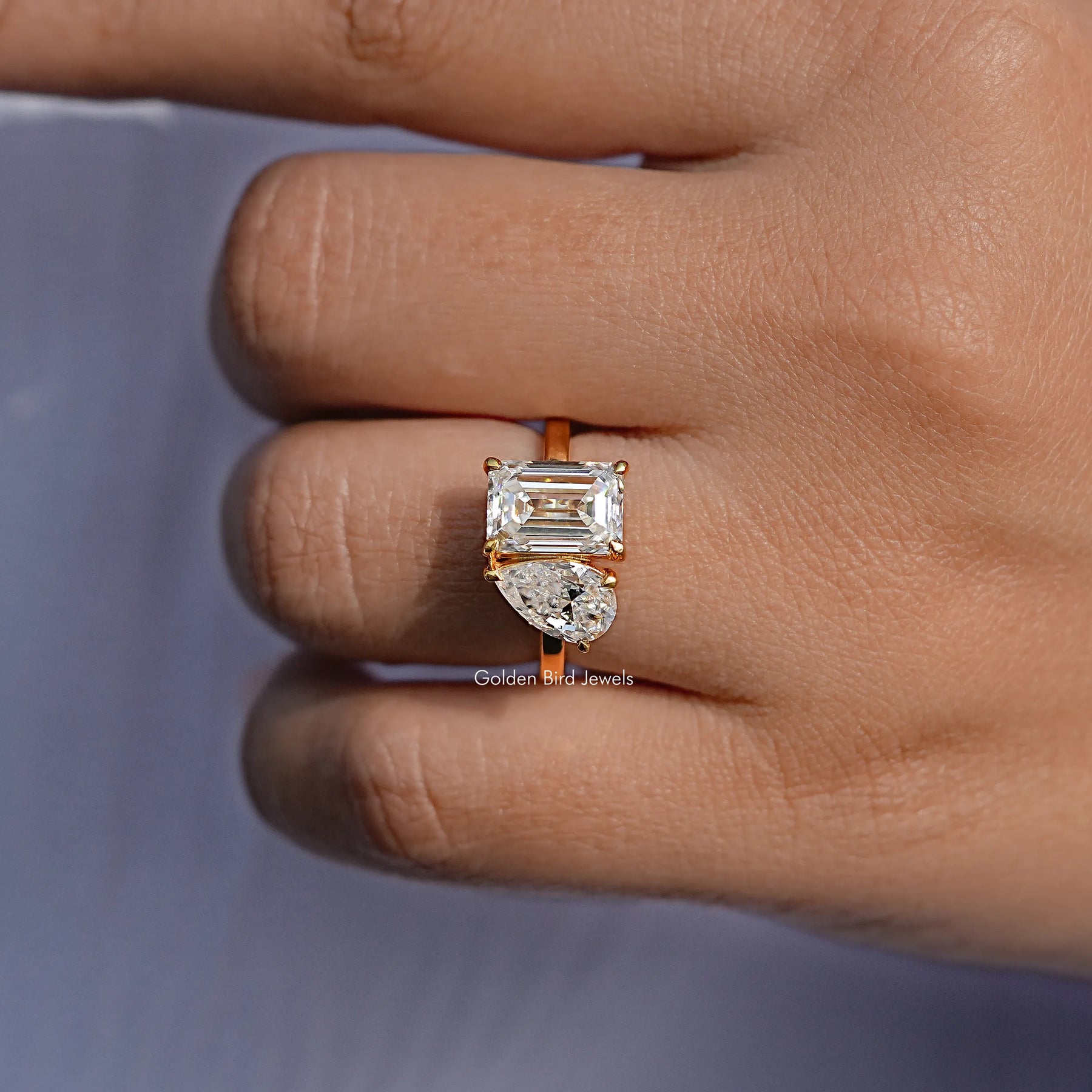 Pear And Emerald Cut Moissanite Two Stone Ring