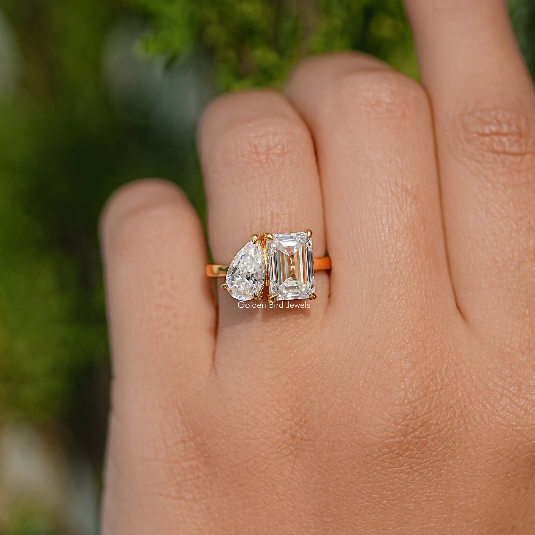 Pear And Emerald Cut Moissanite Two Stone Ring