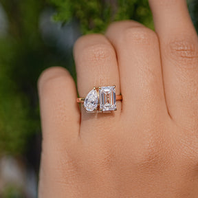 Pear And Emerald Cut Moissanite Two Stone Ring