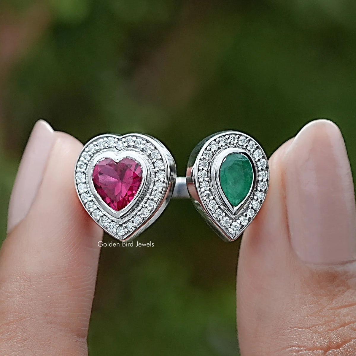 Front view of Pear And Heart Gemstone Two Stone Ring
