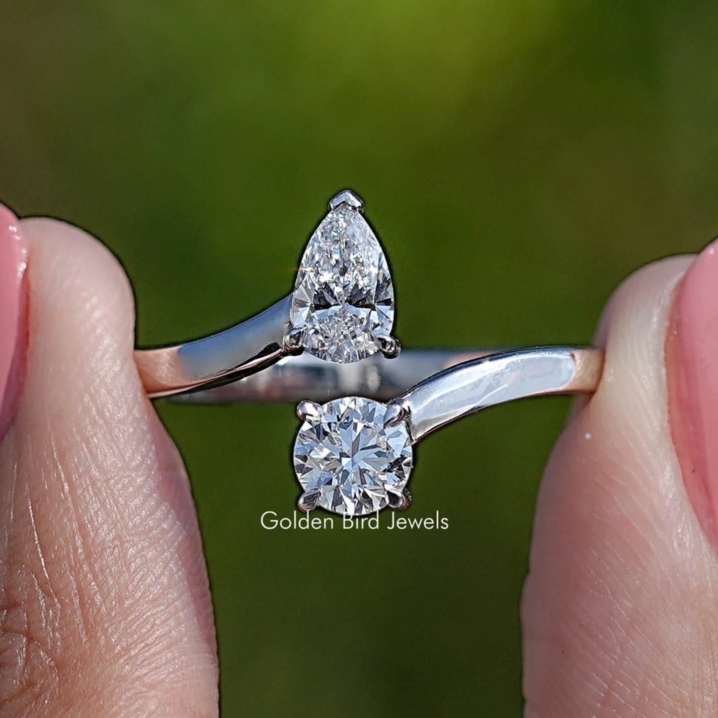 Front View of Pear And Round Open Cuff Lab Diamond Ring
