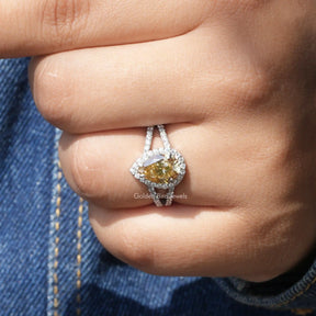Detailed View Of Pear Cut Moissanite Halo Engagement Ring in white gold