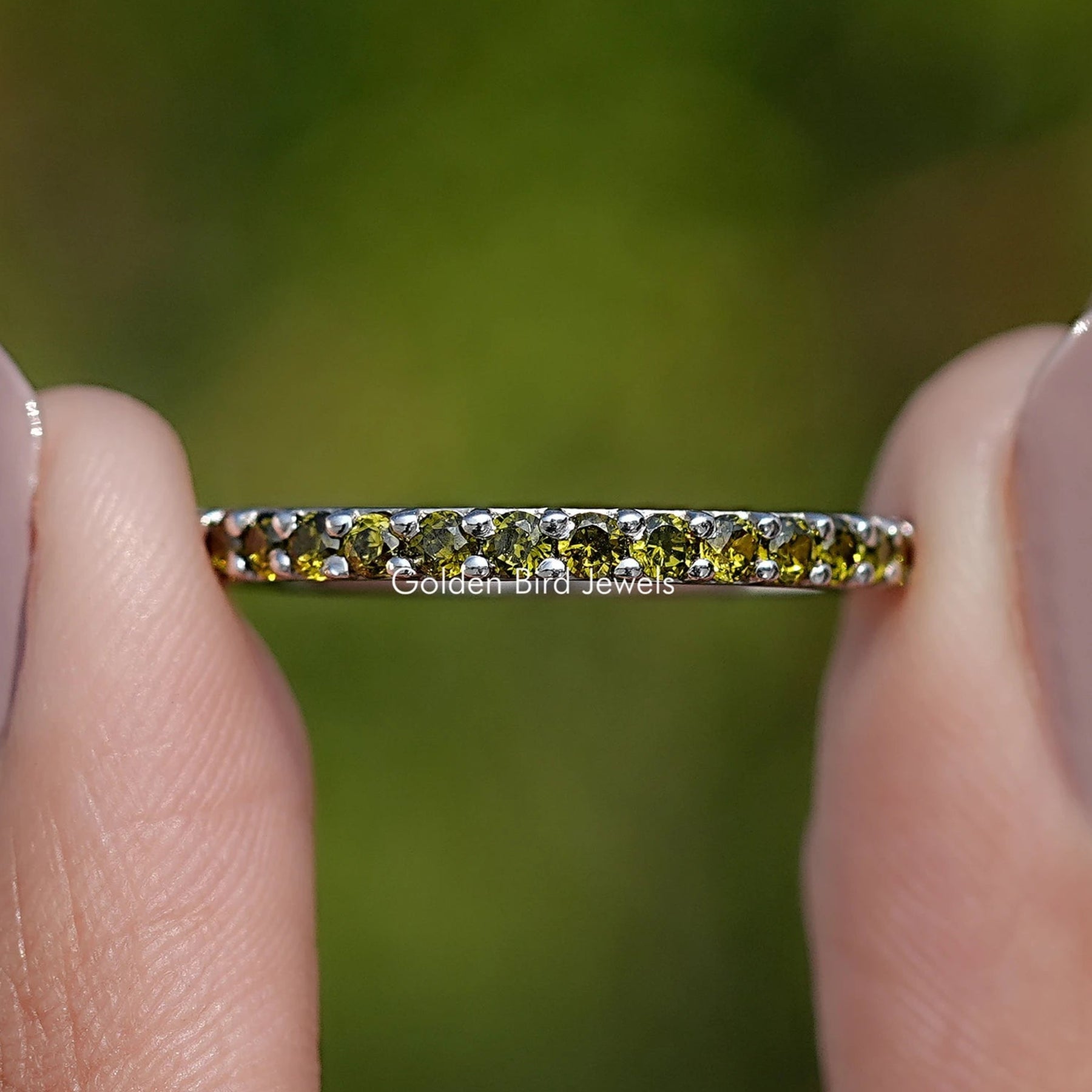 August Birthstone Peridot Green Round Eternity Band