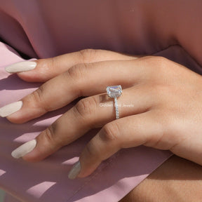 Detailed View Of Emerald Cut Moissanite Engagement Ring In White Gold