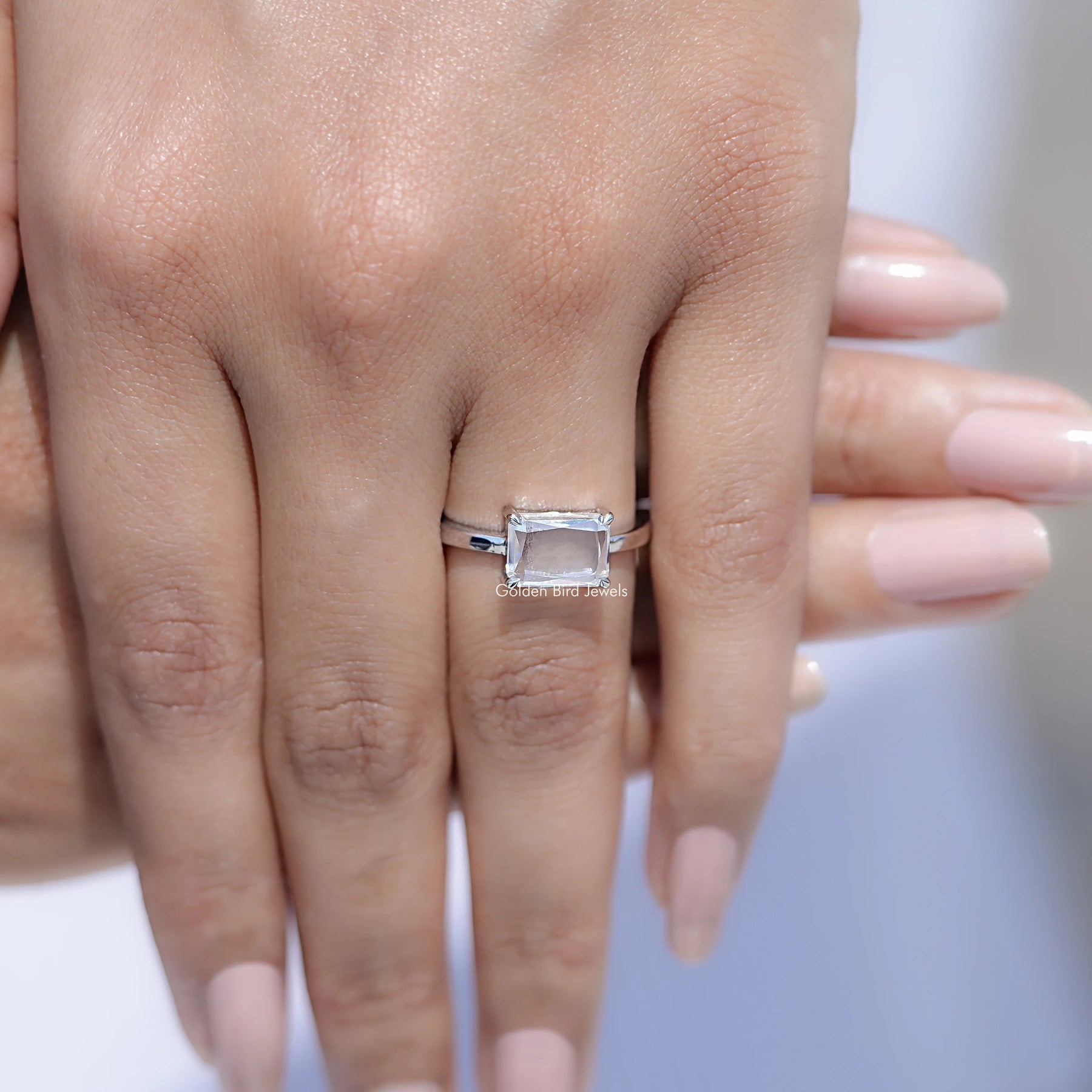 View of Portrait Radiant Cut Solitaire East West Ring in prongs setting