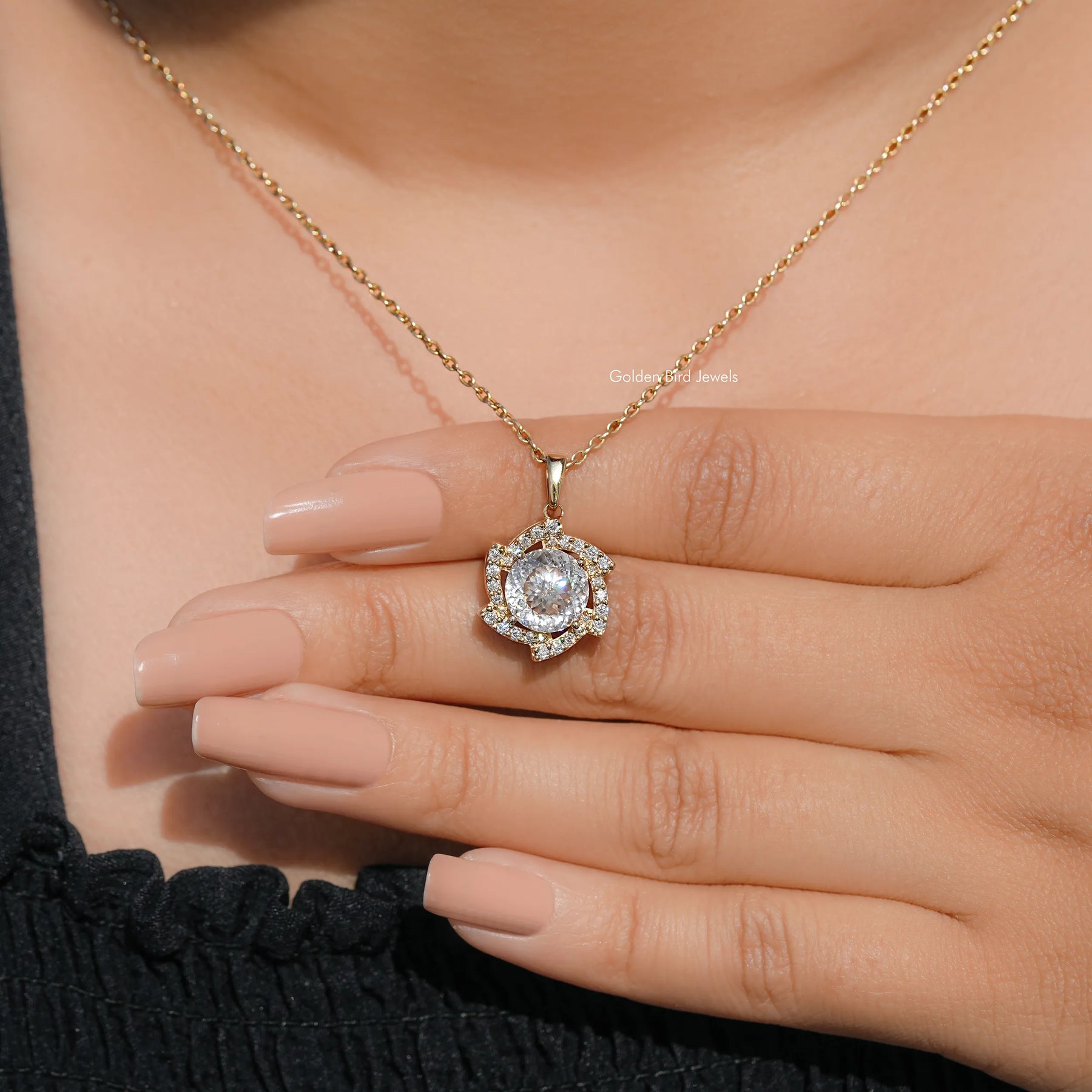 Portuguese Cut Moissanite Halo Pendant For Her