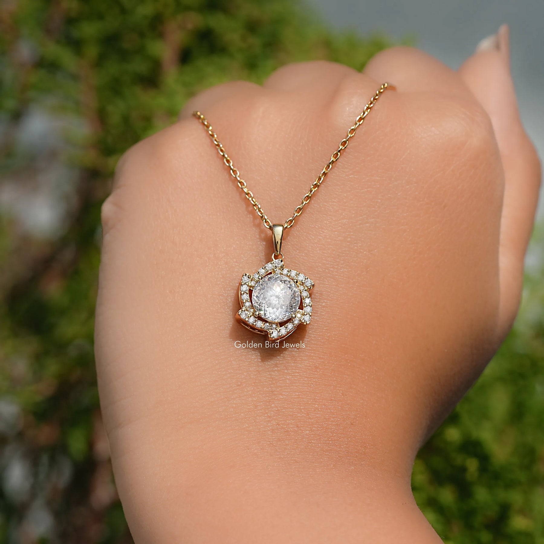 Portuguese Cut Moissanite Halo Pendant For Her