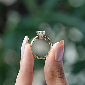 Back View of Round Cut Moissanite Solitaire Ring In two fingers