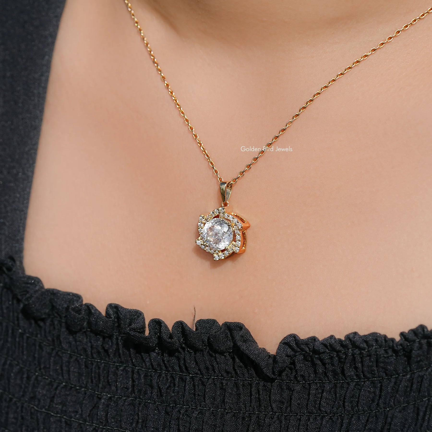 Portuguese Cut Moissanite Halo Pendant For Her