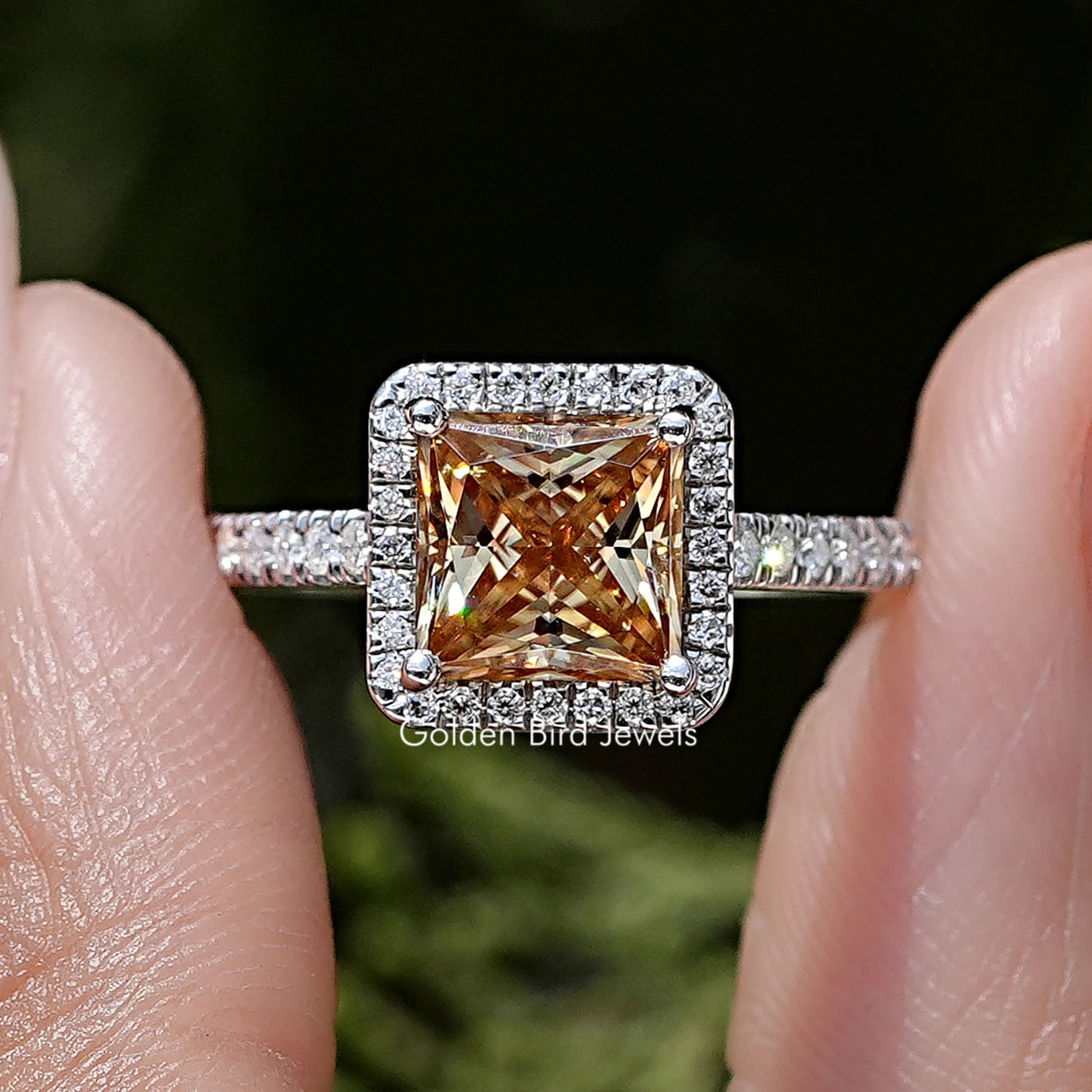 Champagne Princess Moissanite Accent Halo Ring