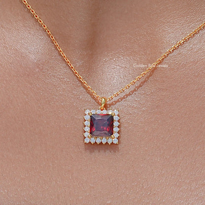 Red Ruby Princess Cut Moissanite Gemstone Halo Pendant