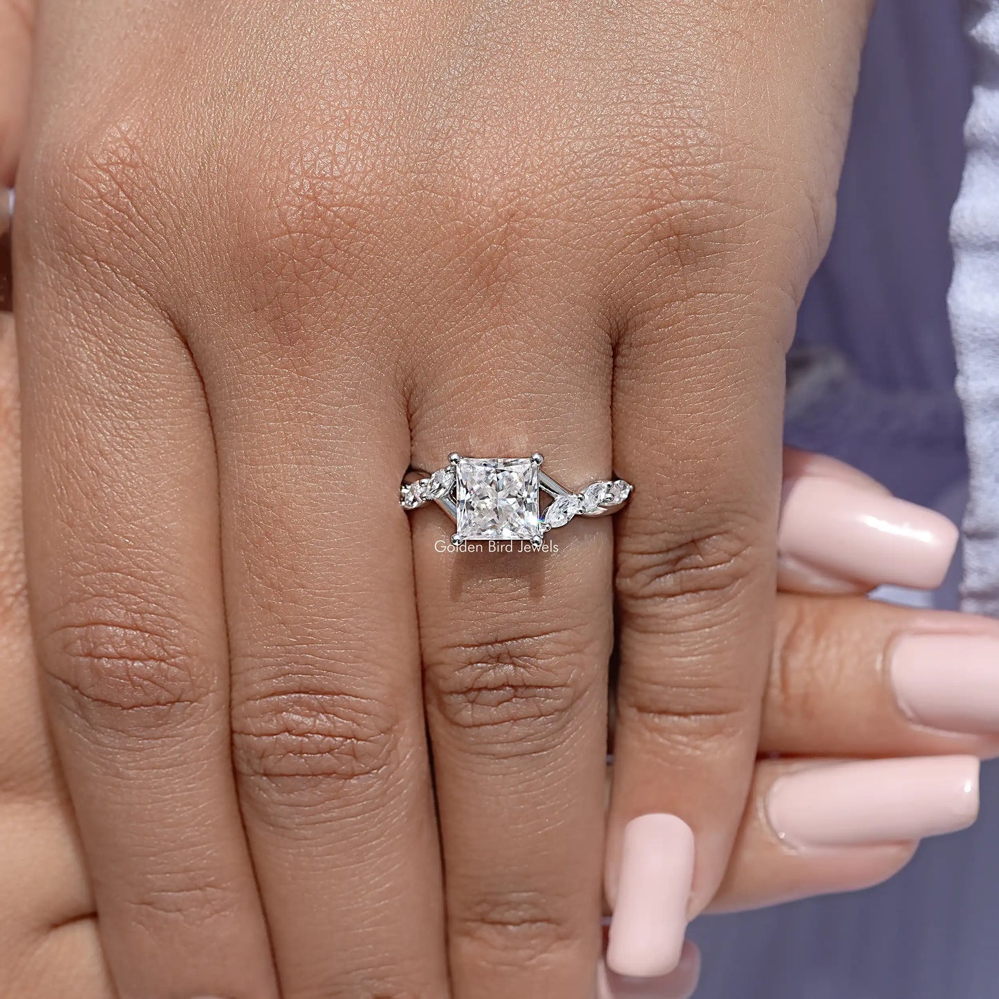 Colorless Square Cut Moissanite Floral Promise Ring