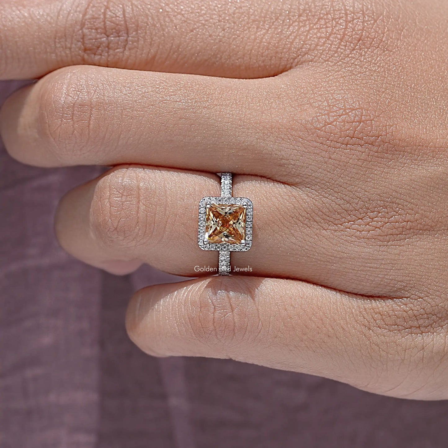 Princess Cut Moissanite Gemstone Halo Accent Wedding Ring