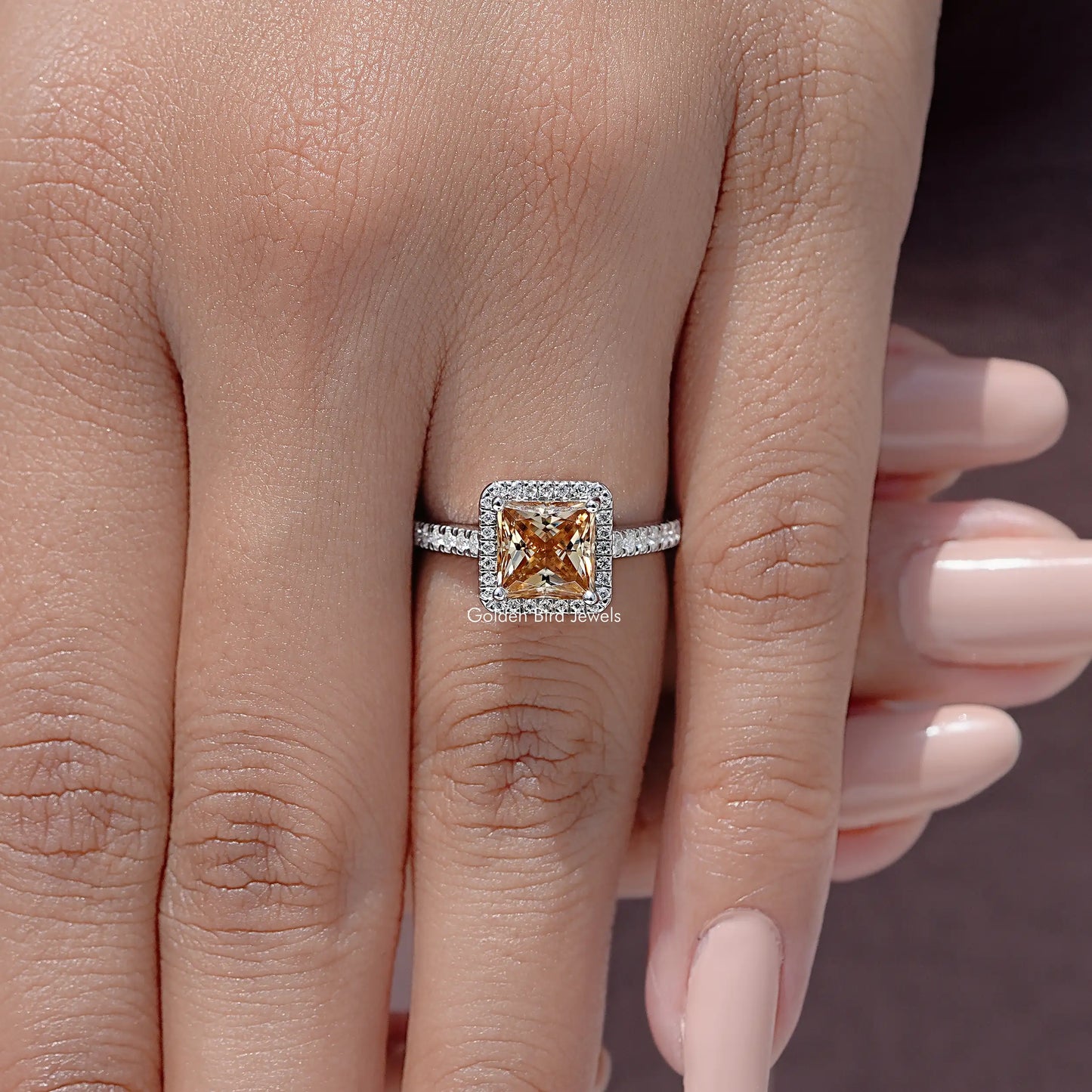 Princess Cut Moissanite Gemstone Halo Accent Wedding Ring