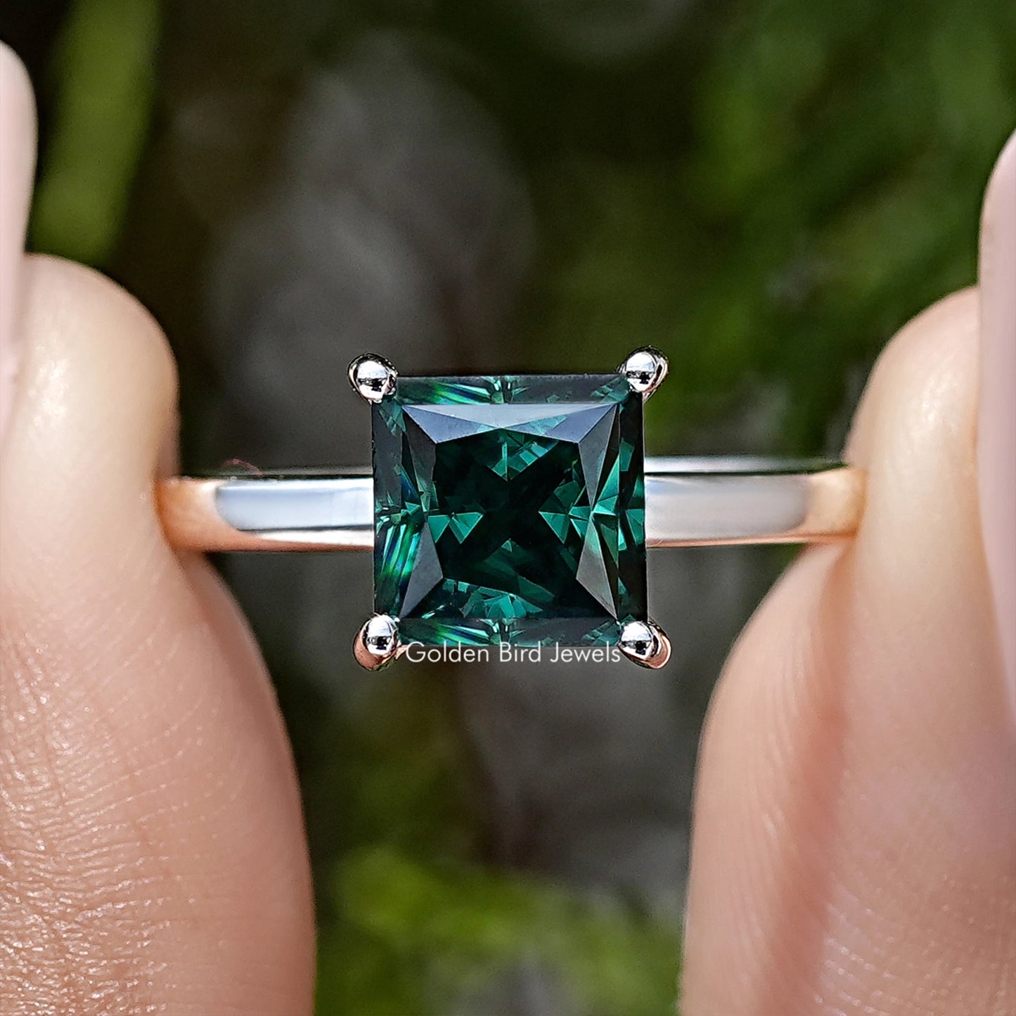 Princess Cut Moissanite Gemstone Hidden Halo Wedding Ring