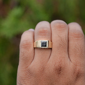 In finger front view of Princess Cut Black Gemstone engagement ring 