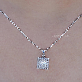 Close up view of Lab Grown Princess Cut Halo Pendant