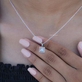 Display View of Lab Diamond Princess Cut Halo Pendant