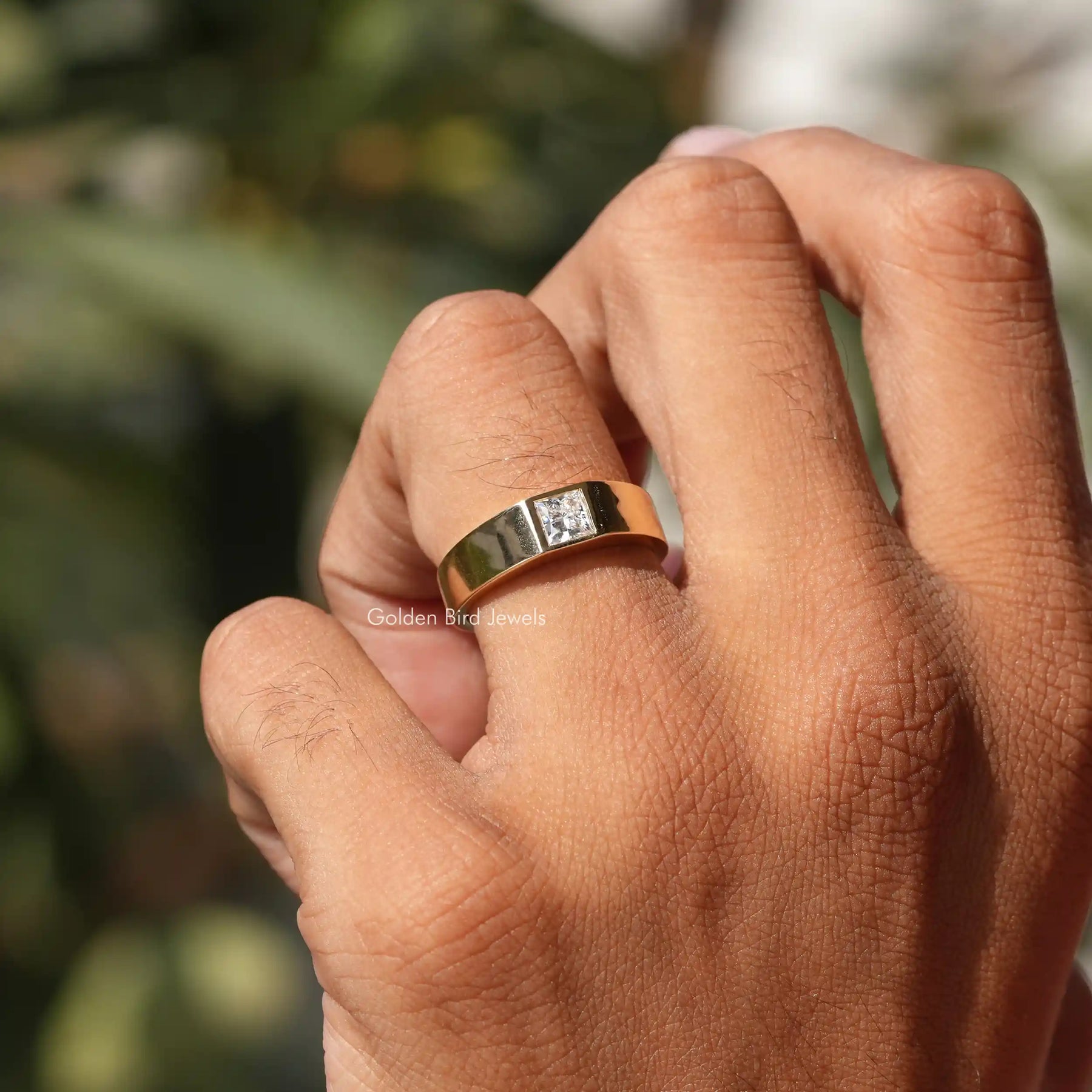 Close-Up View of Princess Cut Bezel Set Solitaire Men's Ring In White Gold