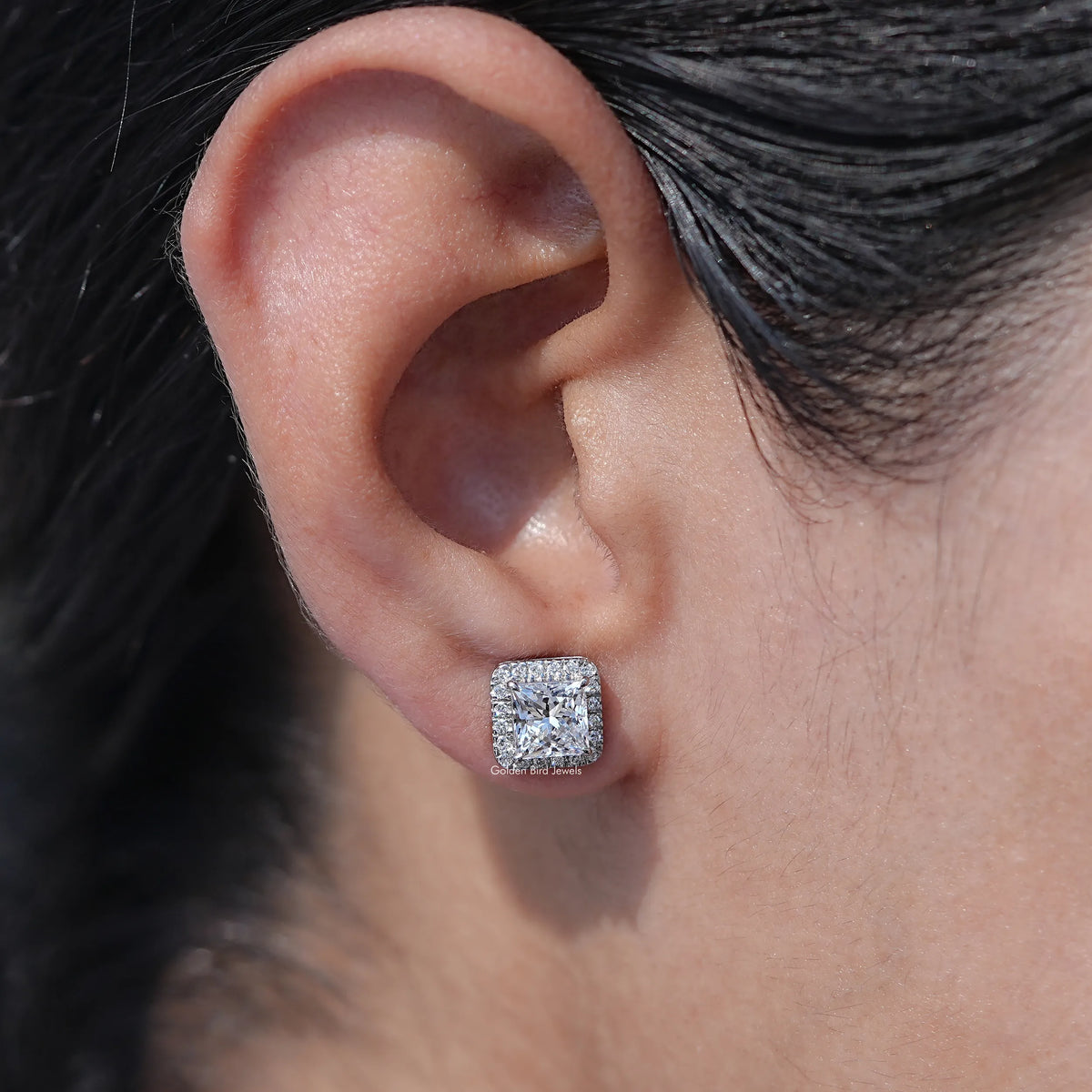 View Of Round Cut Princess Diamond Halo Earrings In Women's Ear's 