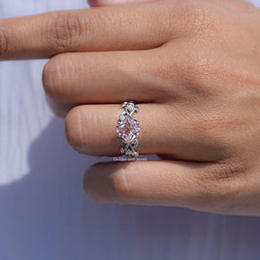 Princess Lab Gemstone Leaf Style Engagement Ring