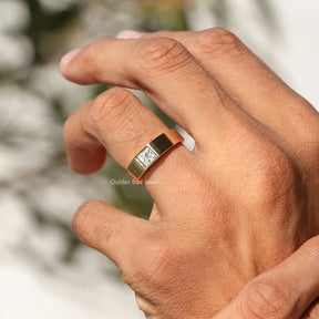 View of Princess Cut Moissanite Solitaire Ring In Yellow Gold