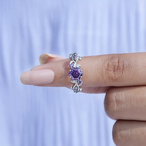 Front View of Purple Amethyst Hexagon Cut In White Gold Ring