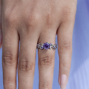 Close-Up View of Leaf Engagement Ring In Hexagon Cut In White Gold