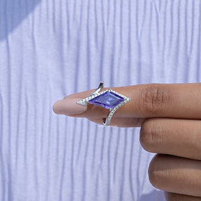 In finger front View of Amethyst Kite Cut Gemstone Accent Ring In White Gold