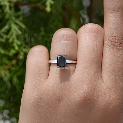 Black Radiant Cut Moissanite Gemstone Hidden Halo Ring