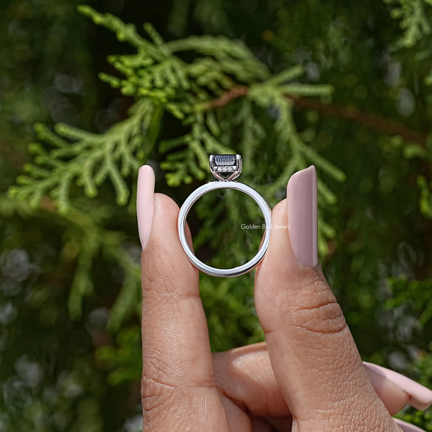 Black Radiant Cut Moissanite Gemstone Hidden Halo Ring