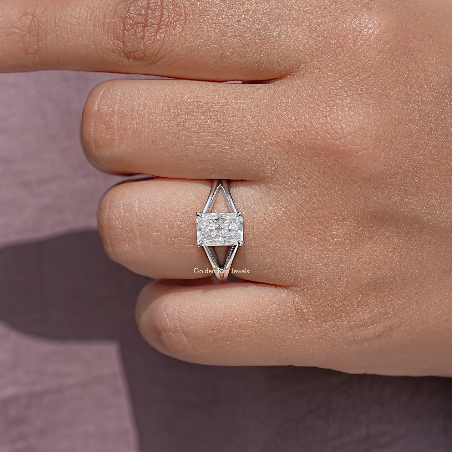 Radiant Cut Moissanite Split Shank Solitaire Engagement Ring