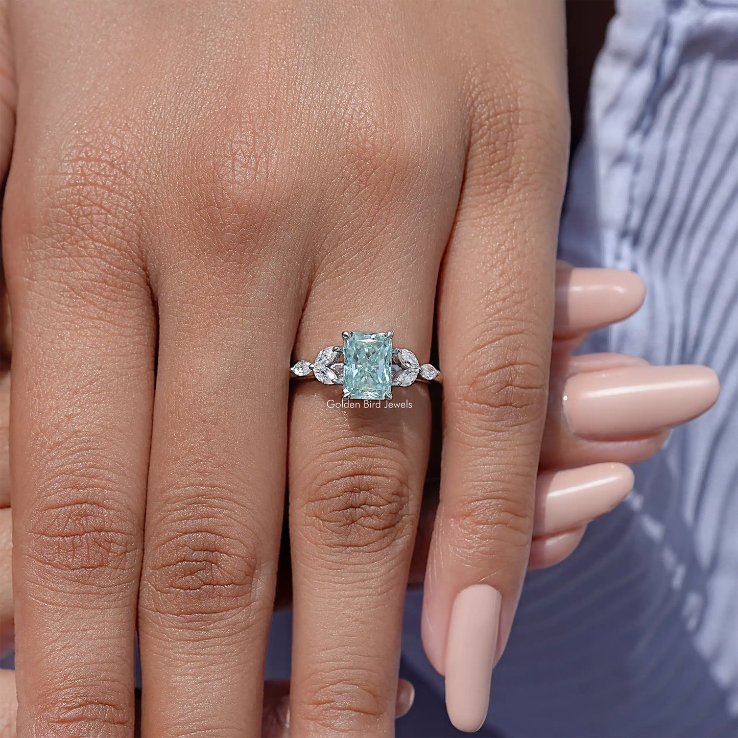 Blue Radiant Moissanite Gemstone Engagement Ring