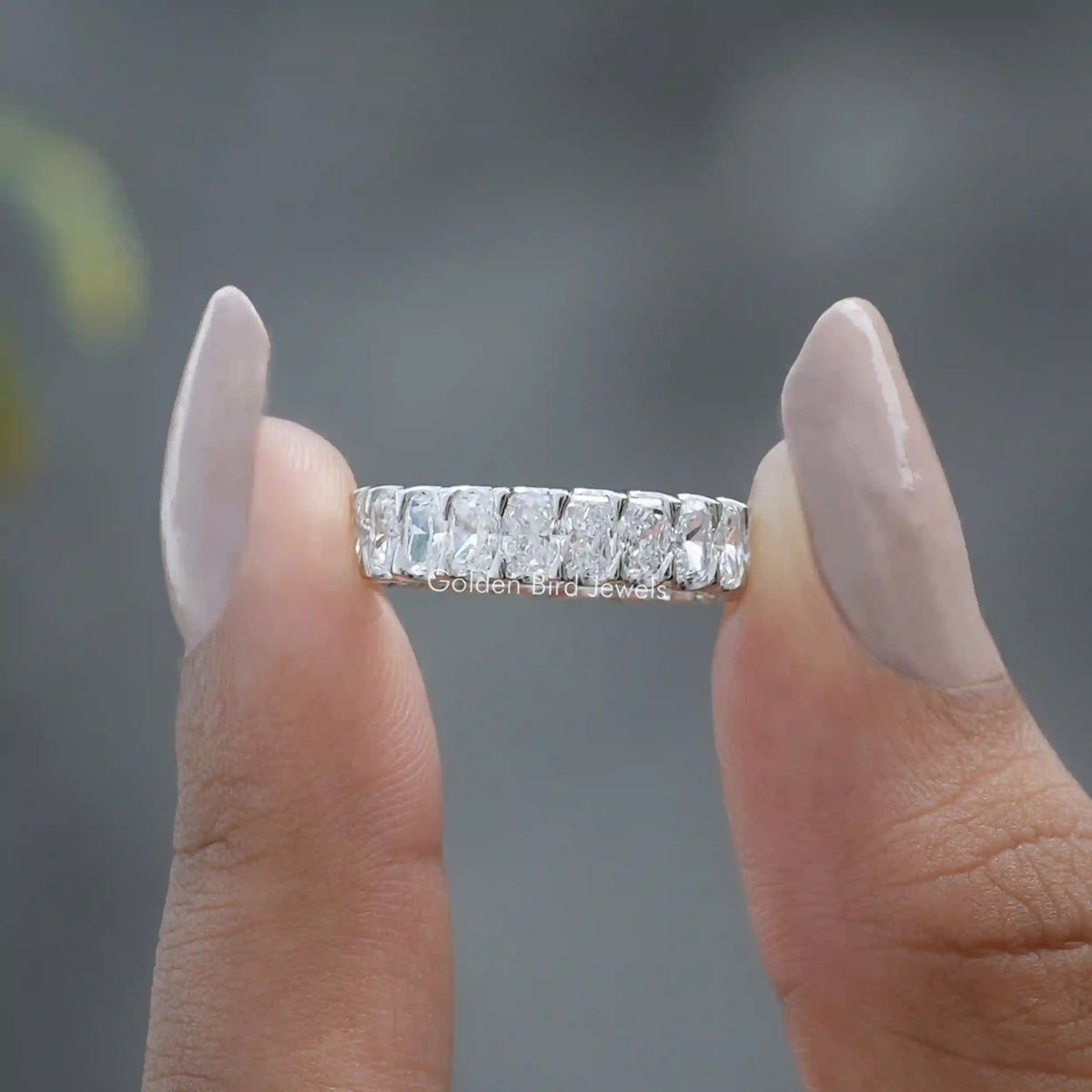 Front View of Radiant Cut Lab Diamond Anniversary Band In two Fingers