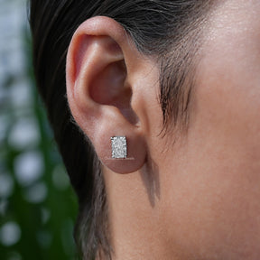 In Ear view of radiant Cut lab diamond Stud Earrings