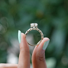 Back View of Radiant Cut Moissanite Hidden Halo Ring In two fingers