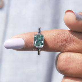 In finger front View of Radiant Cut Moissanite Engagement Ring
