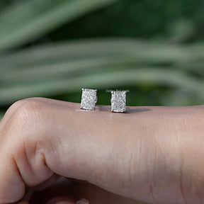 In Hand View Of radiant shaped diamond Stud Earring