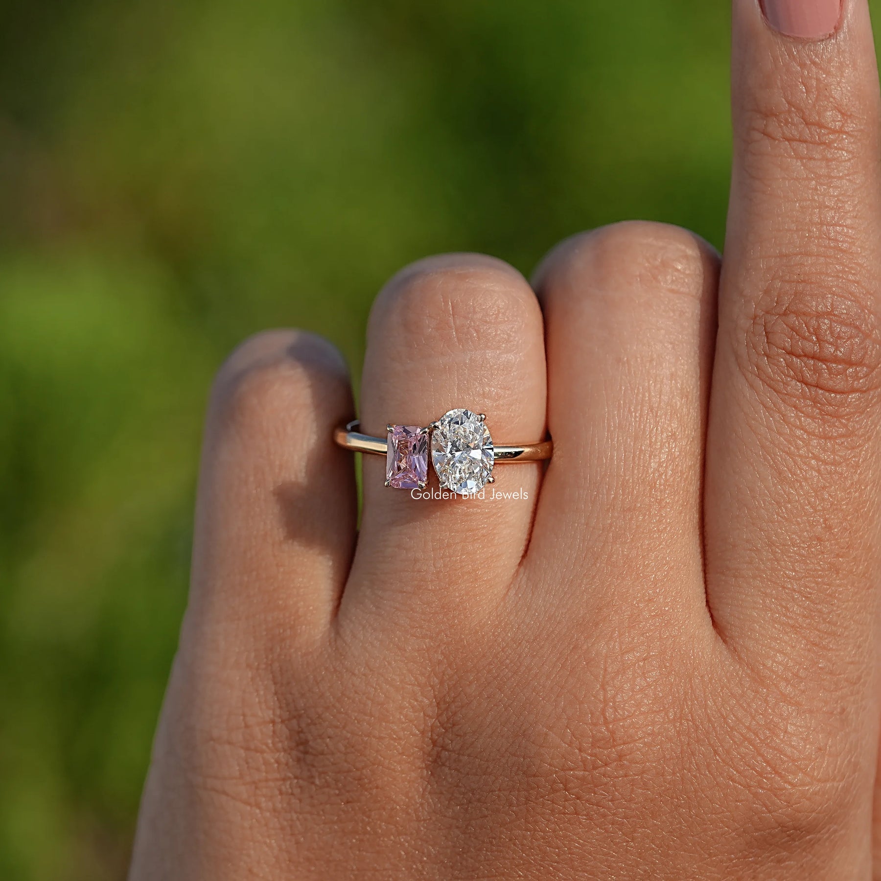Radiant Gemstone And Oval Diamond Two Stone Ring