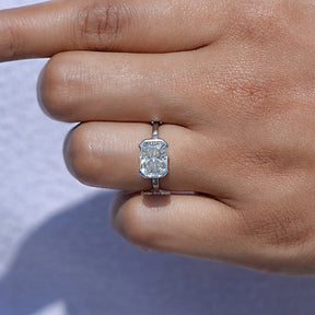 View of Radiant Cut Moissanite Solitaire Ring in prongs setting 
