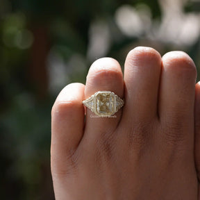 View of Radiant Cut Milgrain Accent Stone Ring In finger